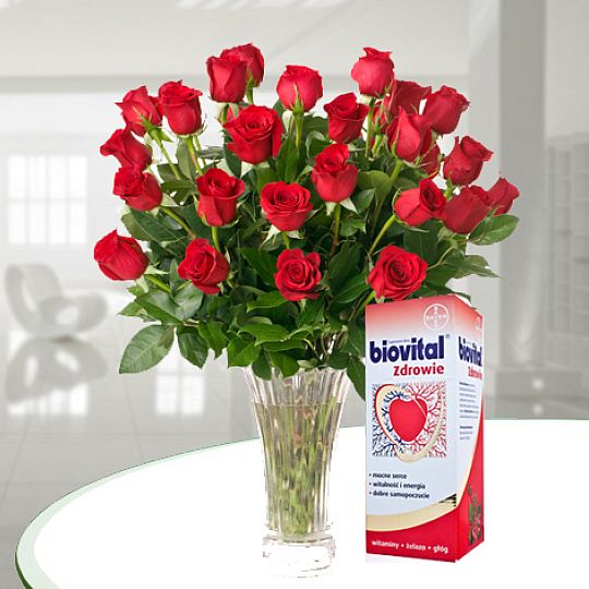 25 czerwonych róż z Biovitalem