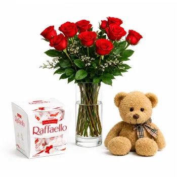 9 czerwonych róż z misiem i czekoladkami