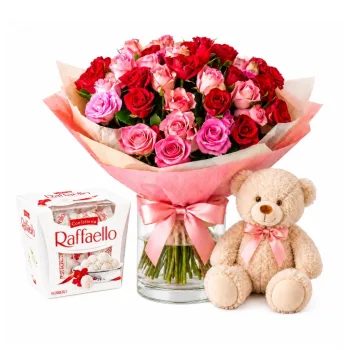 Heart in Roses with a Teddy Bear and Chocolates
