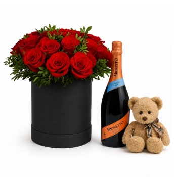 Flowerbox Czerwonych róż, Prosecco i miś