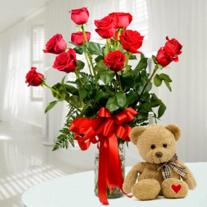 11 Czerwonych Róż z Misiem