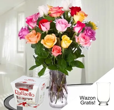 20 Kolorowych Róż z Czekoladkami