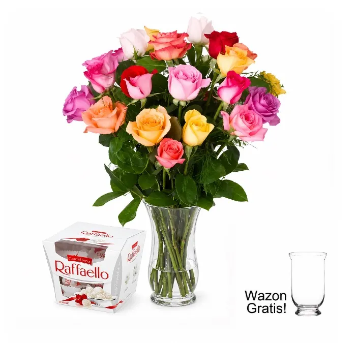 20 Kolorowych Róż z Czekoladkami