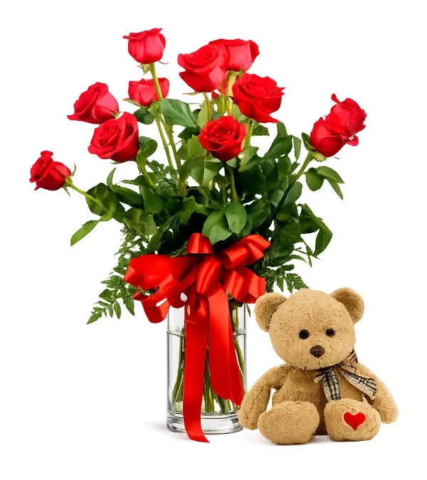 Produkt 11 Czerwonych Róż z Misiem Zdjęcie