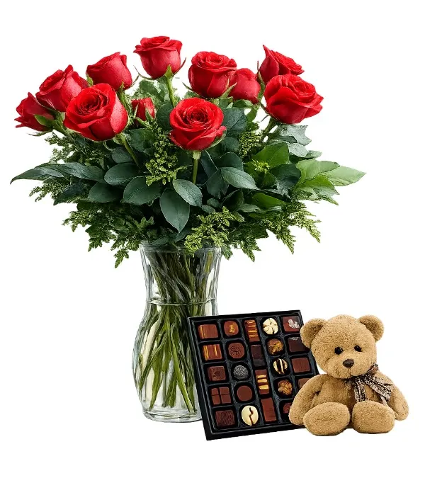 Produkt 12 Róż, Czekoladki i Miś Zdjęcie