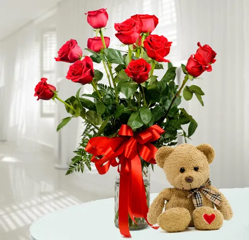 Produkt 11 Czerwonych Róż z Misiem Zdjęcie