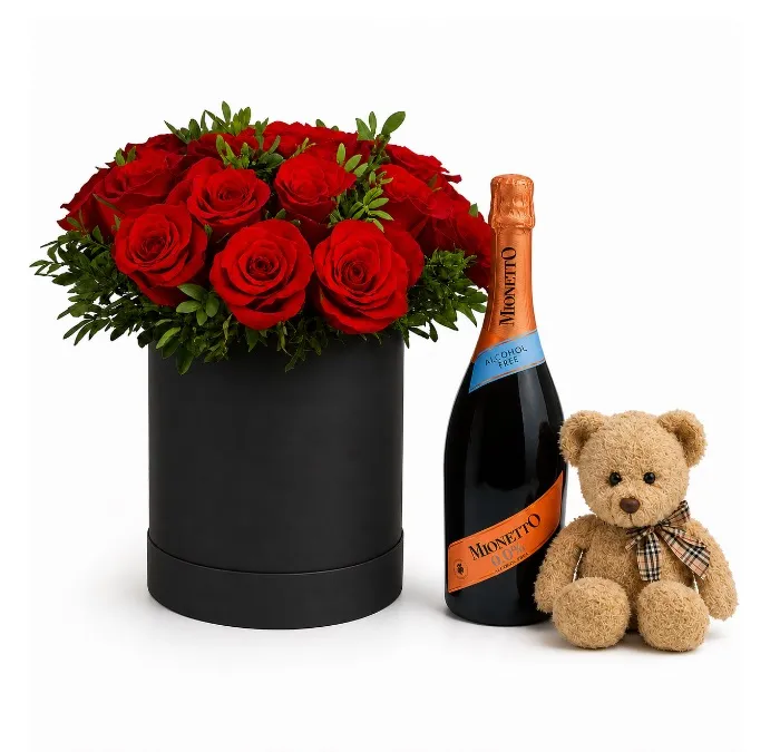 Flowerbox Czerwonych róż, Prosecco i miś