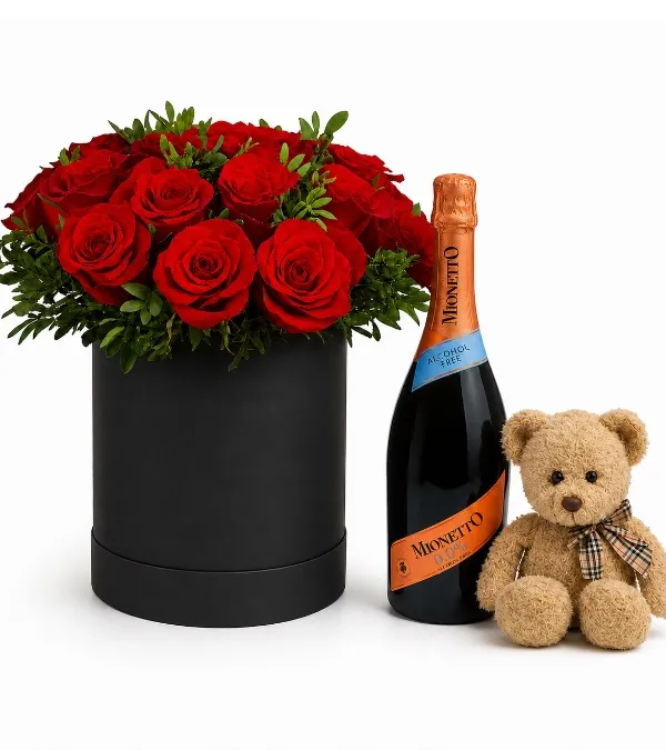 Produkt Flowerbox Czerwonych róż, Prosecco i miś Zdjęcie